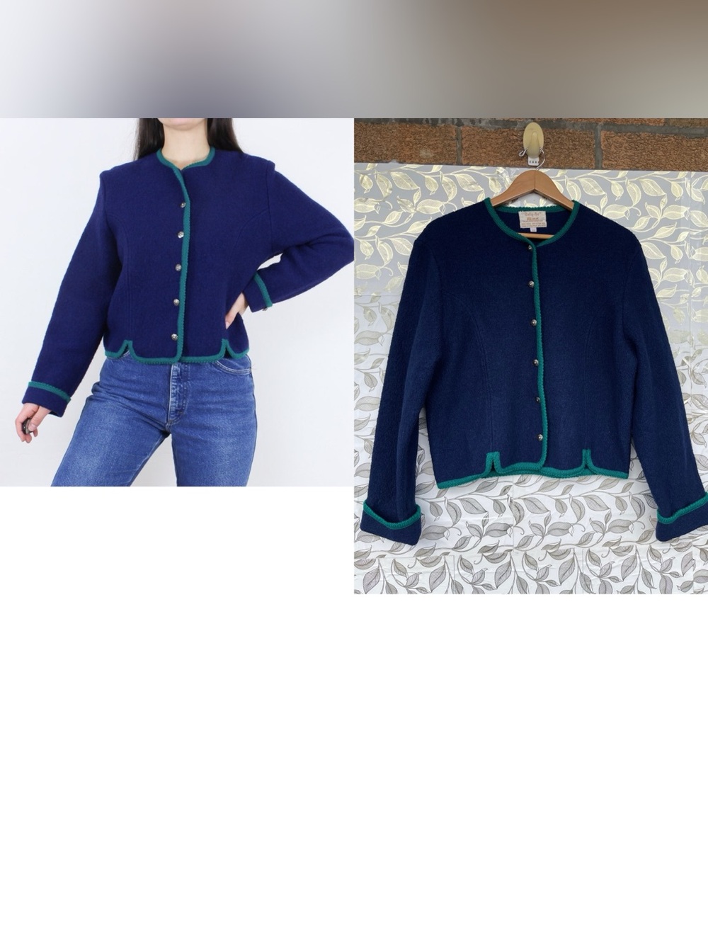 Vintage Tally-Ho Wool Loden Jacket Cardigan Size 12 Navy Green Ornate Buttons